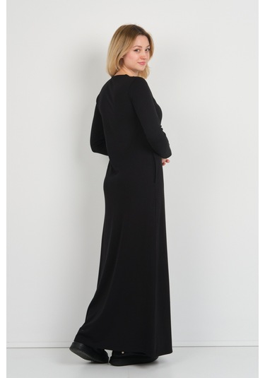 Sistas Kadın V Yaka Çift Cepli İnce Şerit Detaylı Maxi Elbise 23813 Siyah Siyah