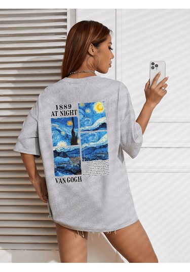 Uyguntarz Unisex Van Gogh Baskılı Oversize Tshirt Gri