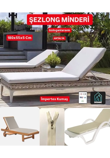 4 Adet Den Şezlong Minderi 180-55-5 Cm Su Geçirmez Fermuarlı