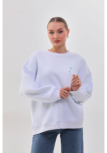 Kallima Oversize Baskılı İçi Polarlı Beyaz Kadın Sweatshirt Beyaz
