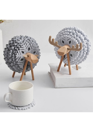 Koyun Şeklinde İçecek Altlıkları Bardak Altlıkları Yalıtımlı Yuvarlak Keçe Gri Gri