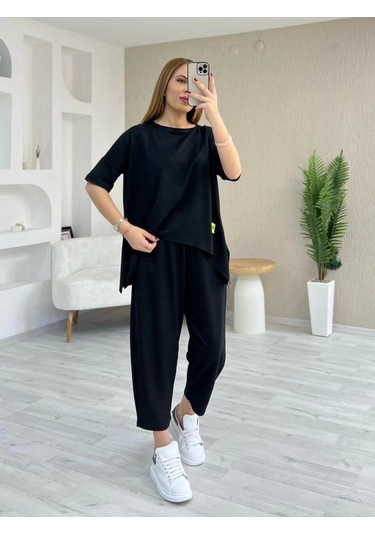 Kadın Kısa Kollu Bisiklet Yaka Viskon Iki Iplik Bluz Ve Pantolon Ikili Takım Siyah