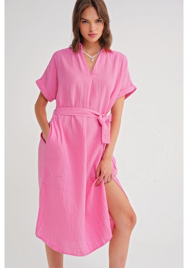 4720 Kadın Pile Detaylı Bağlamalı V Yaka Müslin Elbise Pembe Pembe