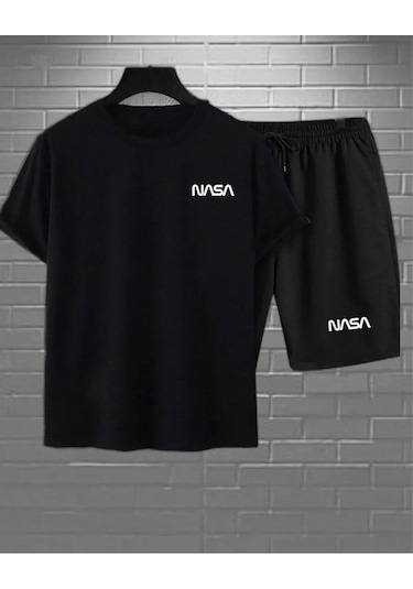 Hırsch Unisex Siyah Alt Üst Nasa Baskılı Şort T-shirt Takım Siyah