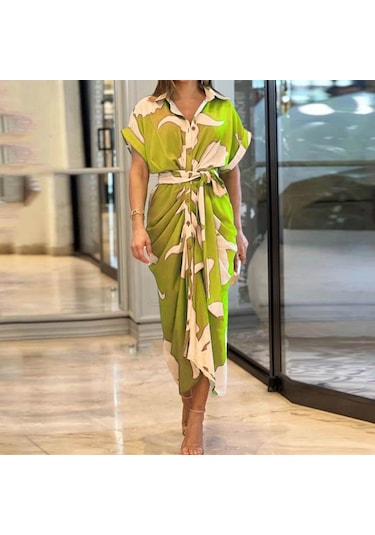 İlkbahar Yaz Kadın Elbise Baskılı Yaka Kısa Kollu Yüksek Bel Uzun Gömlek Elbiseler Sarı