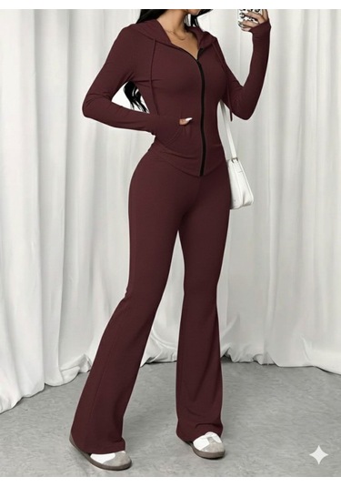Tua Moda Kadın Uzun Kollu Kapşonlu Bağcıklı Önü Fermuarlı Viskon Iki Iplik Bluz Ve Pantolon Ikili Takım Bordo