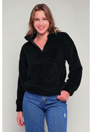 Gabria Kanguru Cepli Yarım Fermuarlı Peluş Sweat Siyah