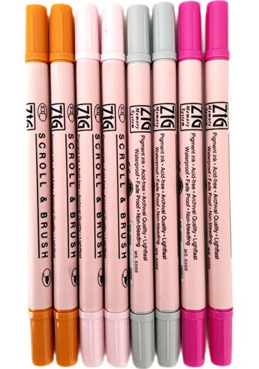 Zig Scroll & Brush Çift Çizgi Ve Fırça Uçlu Kaligrafi Kalemi, Davetiye Kalemi-8 Adet