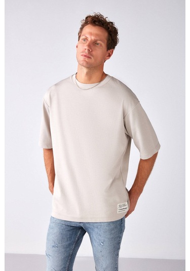 Joel Erkek %100 Organik Pamuklu Kalın Kumaşlı Özel Dokulu Etiket Detaylı Oversize Taş Rengi T-shirt