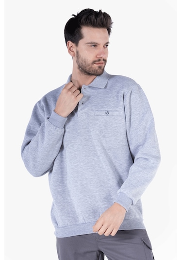 3 İplik Polo Yaka Fleto Cepli Sweatshirt Gri Melanj