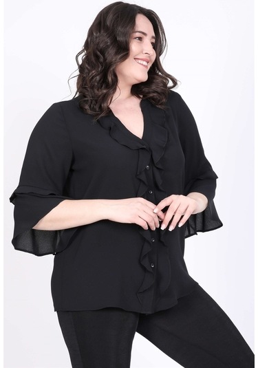 Myline Kadın Önü Fırfırlı Kolları Volanlı Bluz 45441 Siyah