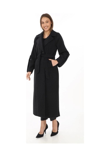 Kadın Uzun Kaşe Kaban Yünlü Dokuma Kaşmir Kumaş, Kruvaze Yaka, Kuşaklı Astarlı Tesettür Uyumlu Şık Siyah Kadın Uzun Kaşe Kaban Yünlü Dokuma Kaşmir Kumaş, Kruvaze Yaka, Kuşaklı Astarlı Tesettür Uyumlu Şık Siyah