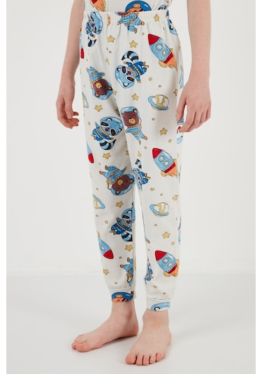 Lela Desenli % 100 Pamuk Bisiklet Yaka Erkek Çocuk Pijama Takımı 6651003 Ekru-Mavi
