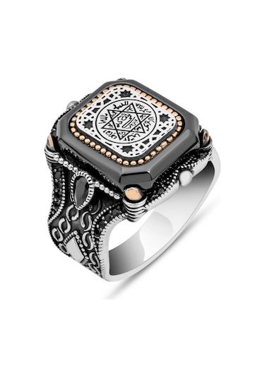 Süleyman Mührü Kare Desenli 925 Gümüş Erkek Yüzük