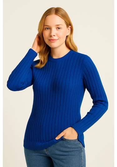 Kadın Bisiklet Yuvarlak Yaka Triko Kazak Pamuklu Kalın Fitilli Dokuma, Regular Fit Uzun Kollu Kışlık Saks Mavisi