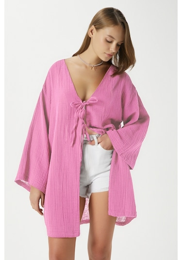 Ritnice Kadın Sandra %100 Pamuk Müslin Bağcıklı Pembe Kimono Pembe