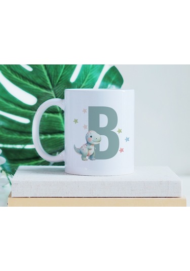 B Harfi Sevimli Dinozor Kupa Bardak - Açık Yeşil Yıldız Detaylı Dino Tasarım - Hediye Beyaz