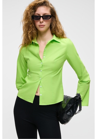 GRINNE Kadın Slim Gömlek Yaka Uzun Kollu İnce Uzun Fıstık Yeşili Gömlek