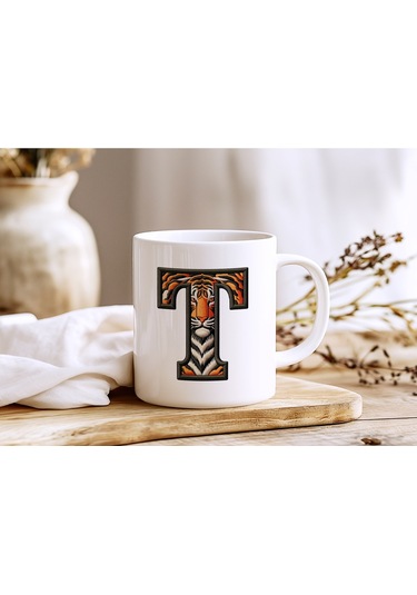 T Harfi Kaplan Figürlü Nakış Desenli Kupa Bardak - Kişiye Özel Vahşi Hayvan Desenli Kupa - Hediye Beyaz