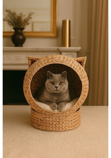 Evistro Dekoratif Kulaklı Minderli Hasır Kedi Köpek Yatağı Sepet