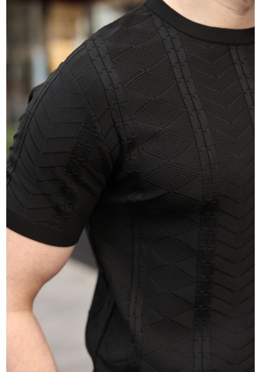 Siyah Bisiklet Yaka Slim Fit Triko Erkek Tişört E7466