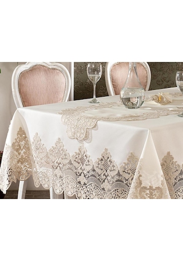 Fransız Güpürlü Yakut Masa Örtüsü Takımı 26 Parça Ekru Altın
