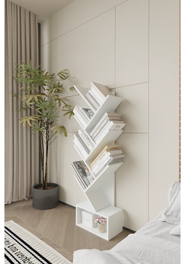 Kitap Ağacı Dekoratif Zigzag Kitaplık 140 Cm Beyaz Kitap Ağacı Dekoratif Zigzag Kitaplık 140 Cm Beyaz