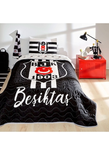 Taç Beşiktaş Stripe Tek Kişilik Yatak Örtüsü Seti Beşiktaş Lisans Siyah - Beyaz