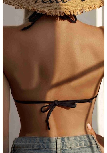 Angelsin Siyah Boyundan Bağlamalı Üçgen Bikini Üstü Siyah 001
