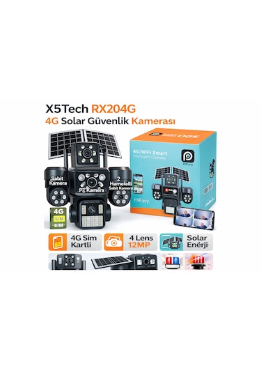X5tech Rx204g 4g Solar 4 Lensli Sim Kartlı E-sim Güvenlik Kamerası