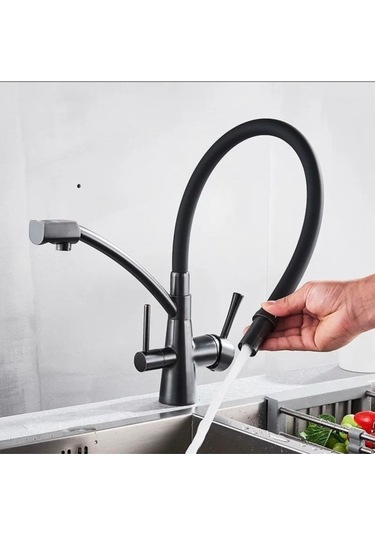 İsaoğlu Yapı Siyah Arıtmalı Spiralli Batarya Uzayan Sistem Mutfak Musluğu Arıtıcılı Batarya Mat Siyah Renk Siyah