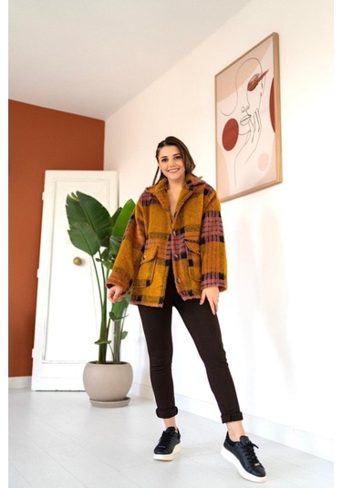 Lucky Life Kadın Hardal Fuşya Düğmeli Ekoseli Kaban Çok Renkli