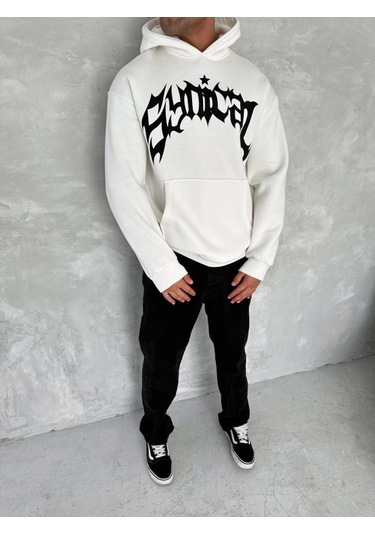 Efnaz Style Unisex Üç İplik Kapşonlu Baskılı Sweatshirt - Beyaz