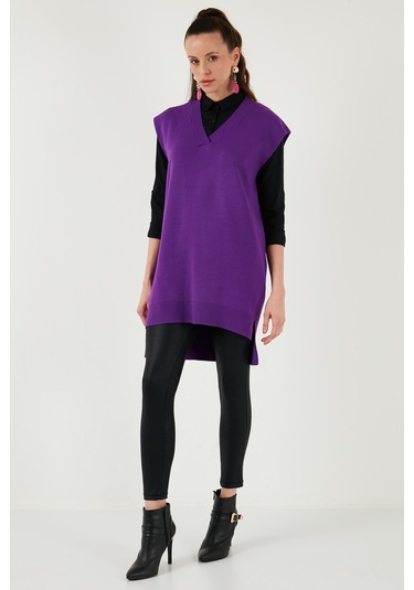 Lela V Yaka Arkası Uzun Triko Bayan Süveter 4616082Y Mor