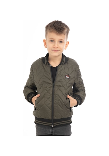 Erkek Çocuk Haki Kolej Yaka İçi Astarlı Su Ve Rüzgar Geçirmez Fermuarlı Cep Mont Haki