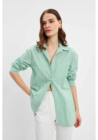 Stella Pulvis Yeşil Oversize Çizgili Tek Cep Gömlek Yeşil