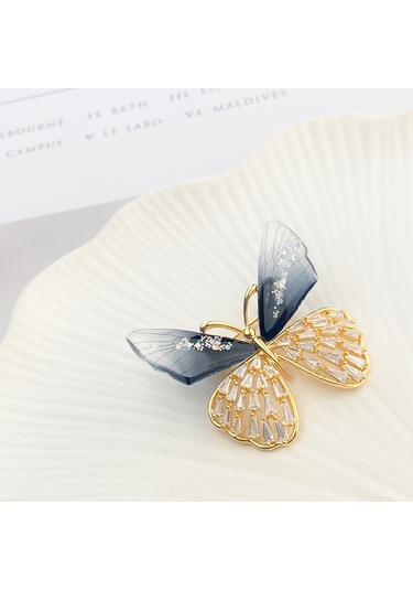 Broş Kadın Altın Kaplama Zirkon Taşlı Kelebek Yaka İğnesi Broş Si Altın -  Siyah