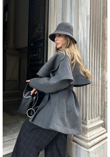 Antrasit Livia Pelerin Detaylı Kaşe Kaban Antrasit