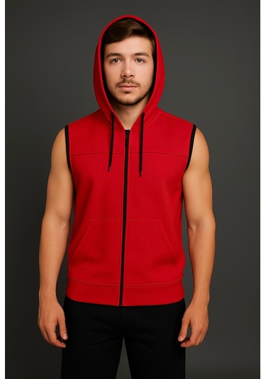 Axxel Erkek Kırmızı Fermuarlı Kapüşonlu Kanguru Cepli Kolsuz İnterlok Yelek-y1142 Kırmızı