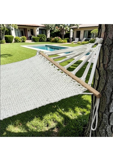 Lüks Çift Kişilik Makrome Örgü Hamak Bahçe Salıncağı Bahçe Mobilyası 130x200cm Ekru