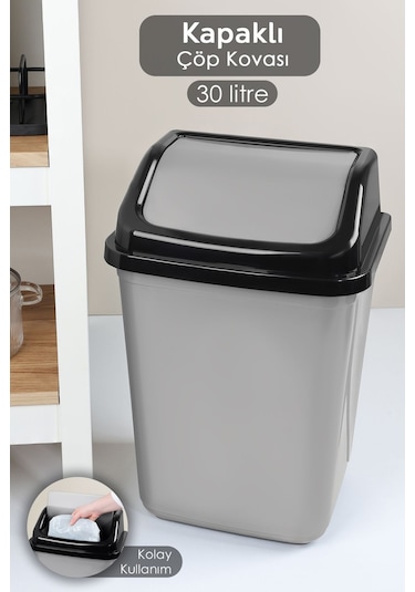 Kapaklı Plastik Çöp Kovası - Ev Ofis Banyo Mutfak Çöp Kovası Gri 30 Litre Gri