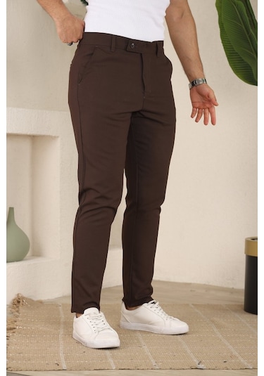 Erkek Slim Fit Likralı Bilek Boy Dilli Kumaş Pantolon Acı Kahve