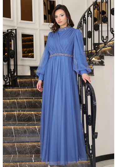 Senna Taş Detaylı Büyük Beden Şık Tesettür Abiye İndigo