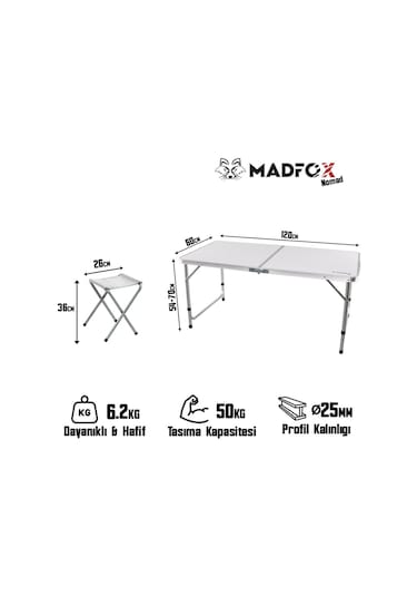 Madfox Nomad Duo Tabureli Katlanır Kamp Masası Seti Beyaz