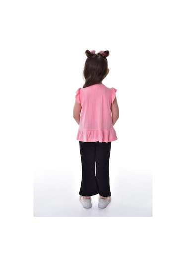 Fırfır Kollu Düğmeli Fiyonk Detaylı Kız Çocuk Alt-üst Takım Pembe