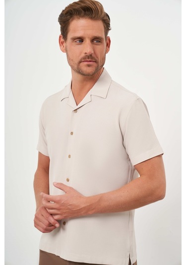 Morven Erkek Bej Viscon Apaçi Yaka Regular Fit Kısa Kol Gömlek Bej
