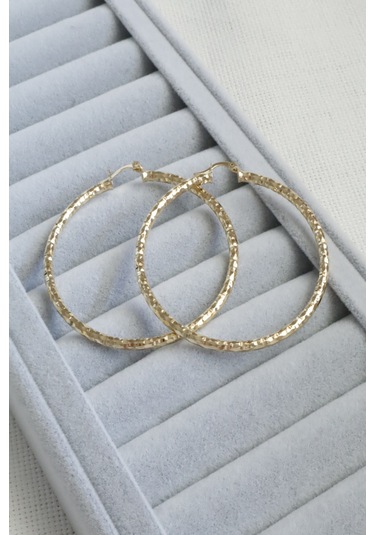 Kadın Küpe Kararmaz 14k Renk Vip Seri Dokulu Büyük Halka 6cm Küpe Altın