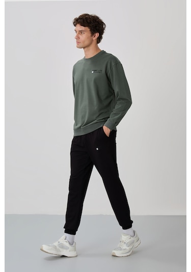 Tommy Life Çağla - Siyah Casual O Yaka Lastik Paça Pamuklu Erkek Oversize Eşofman Takımı - 85120 Yeşil - Siyah