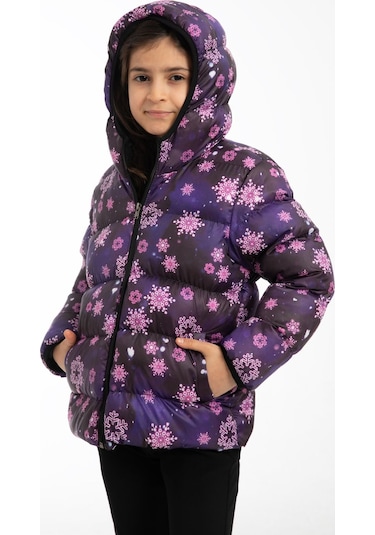 Freemen Kız Çocuk Mor Kar Tanesi Desen Polar Su Ve Rüzgar Geçirmez Kapüşonlu Şişme Kışlık Mont Mor
