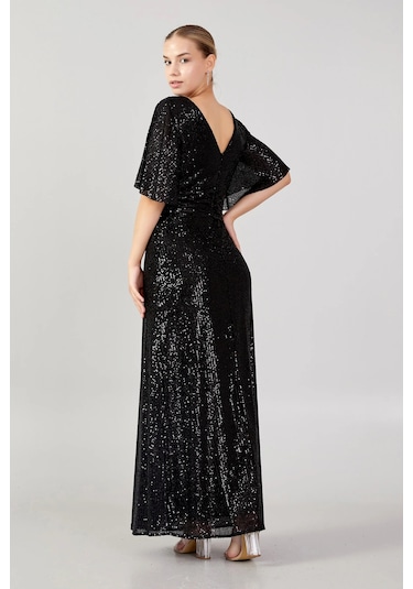 Doridorca Kadın Büyük Beden V Yaka Pul Payet Maxi Abiye Elbise 5041 Siyah Siyah